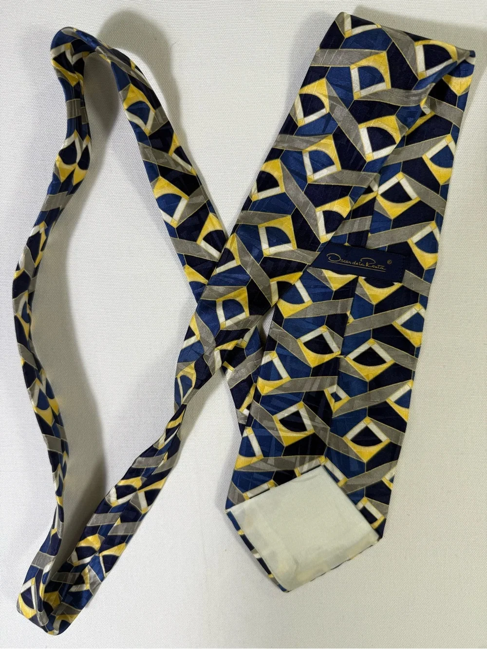 Oscar de la Renta Navy, Yellow and Gray Geometric Silk Tie
